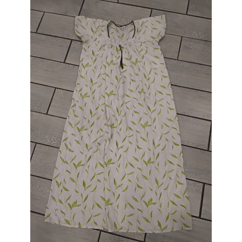 Vintage White Green Leaf Print Lace Trim Nightgown Maxi Sleep Dress L/XL